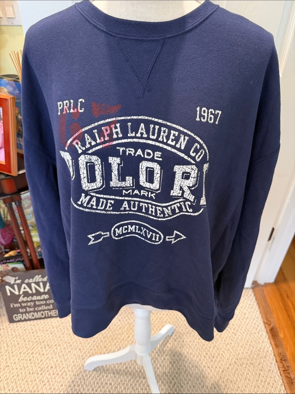 Ralph Lauren Navy Pullover Sweatshirt with Distressed White Polo Graphic